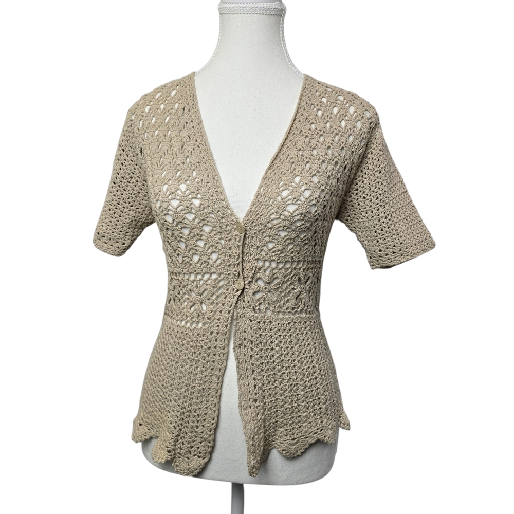 NoMi Vintage Tan Cotton Crochet Button-Down Boho Cardigan Short Sleeve  Size S